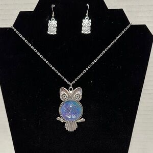 OOAK Charming Silver Owl Necklace and Earring Set